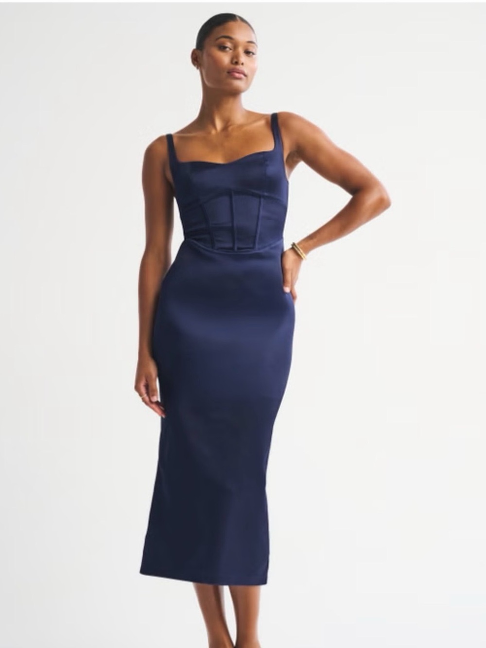 Abercrombie & Fitch Navy Satin Corset Midi Dress